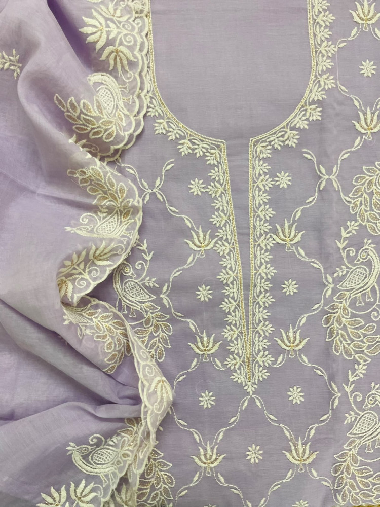 Image of Pure Chanderi Embroidered Suit - Lavender