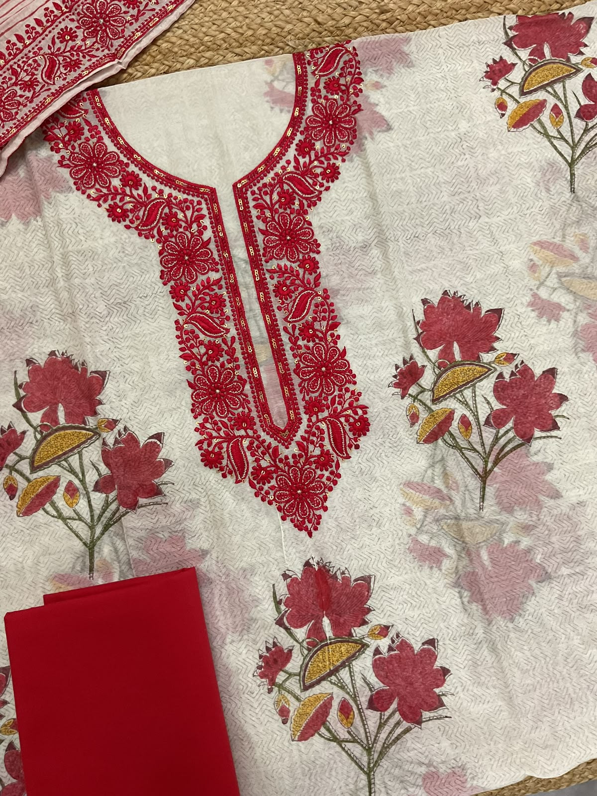 Pure Chanderi Printed Embroidered Suit - Off White