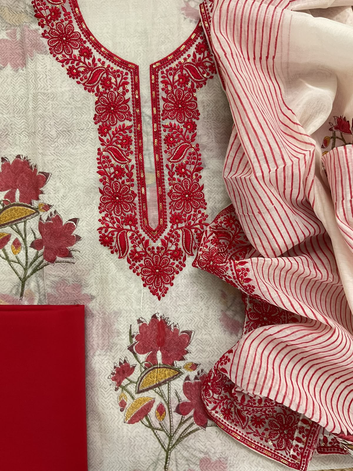 Pure Chanderi Printed Embroidered Suit - Off White