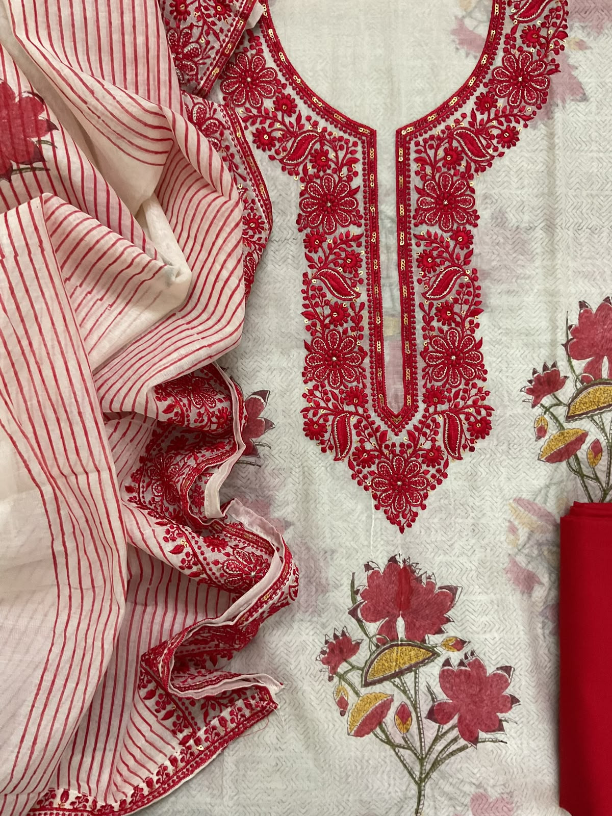 Pure Chanderi Printed Embroidered Suit - Off White