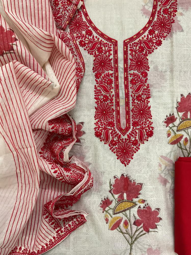 Image of Pure Chanderi Printed Embroidered Suit - Off White