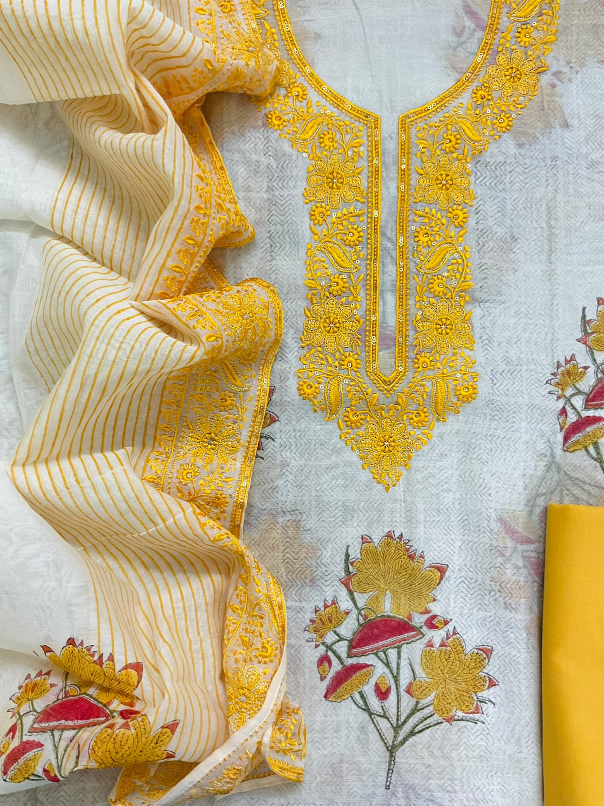 Pure Chanderi Printed Embroidered Suit - Off White