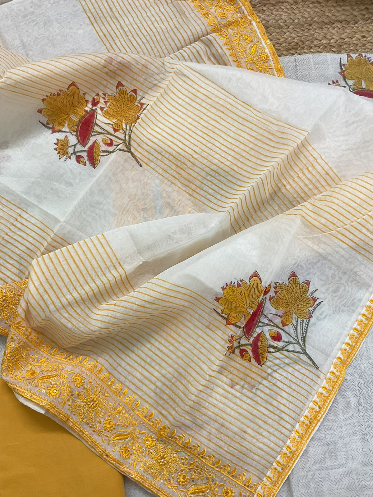 Pure Chanderi Printed Embroidered Suit - Off White