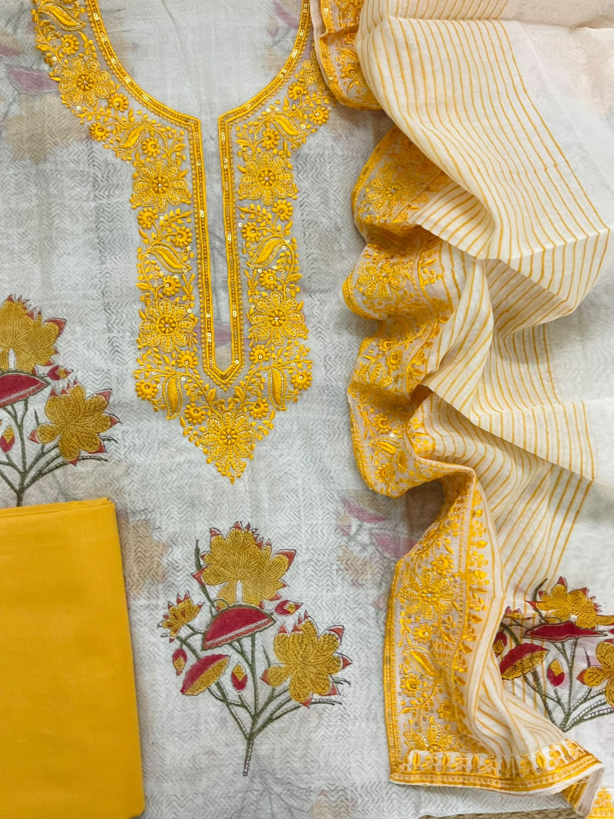 Pure Chanderi Printed Embroidered Suit - Off White