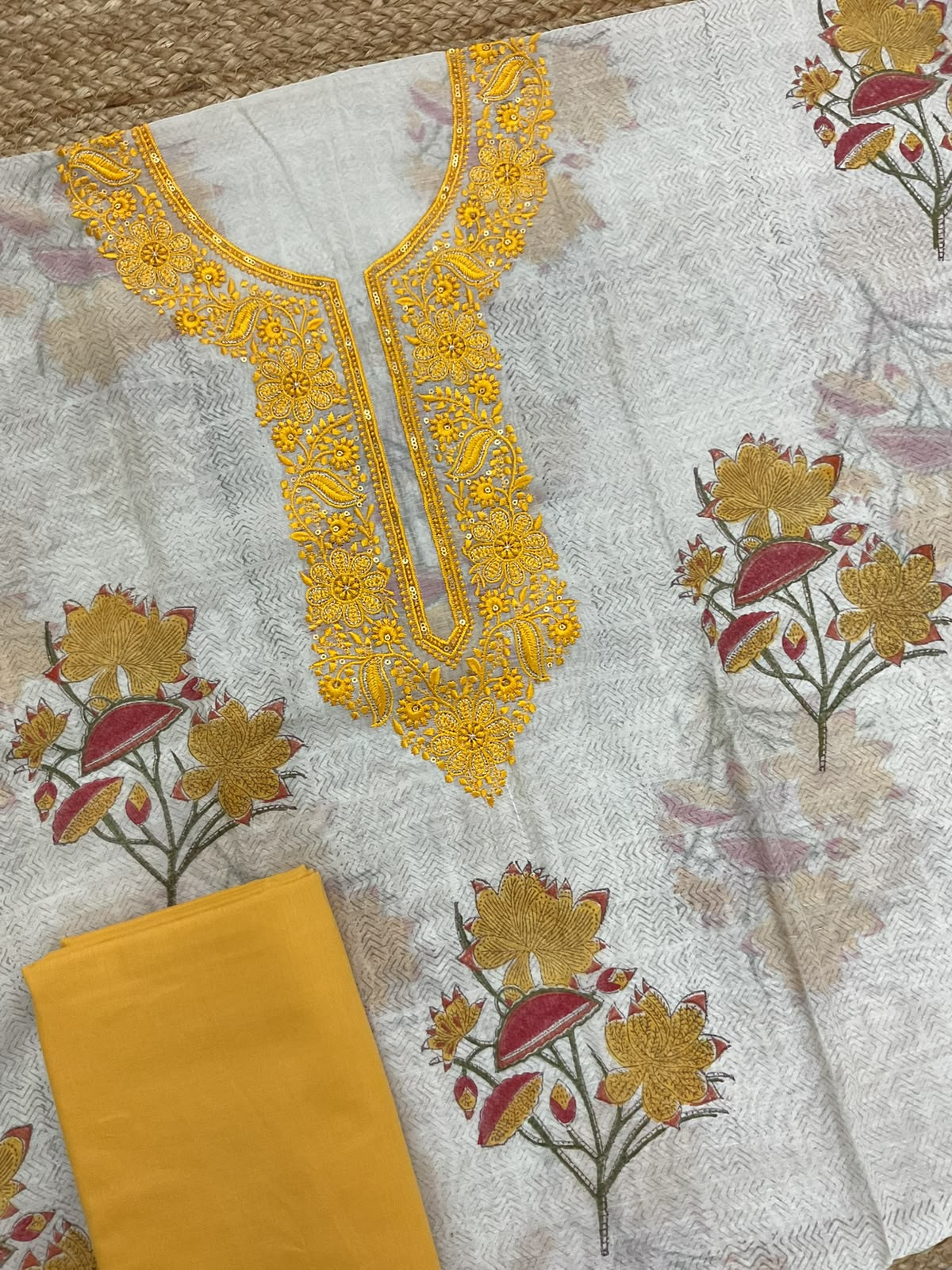Pure Chanderi Printed Embroidered Suit - Off White