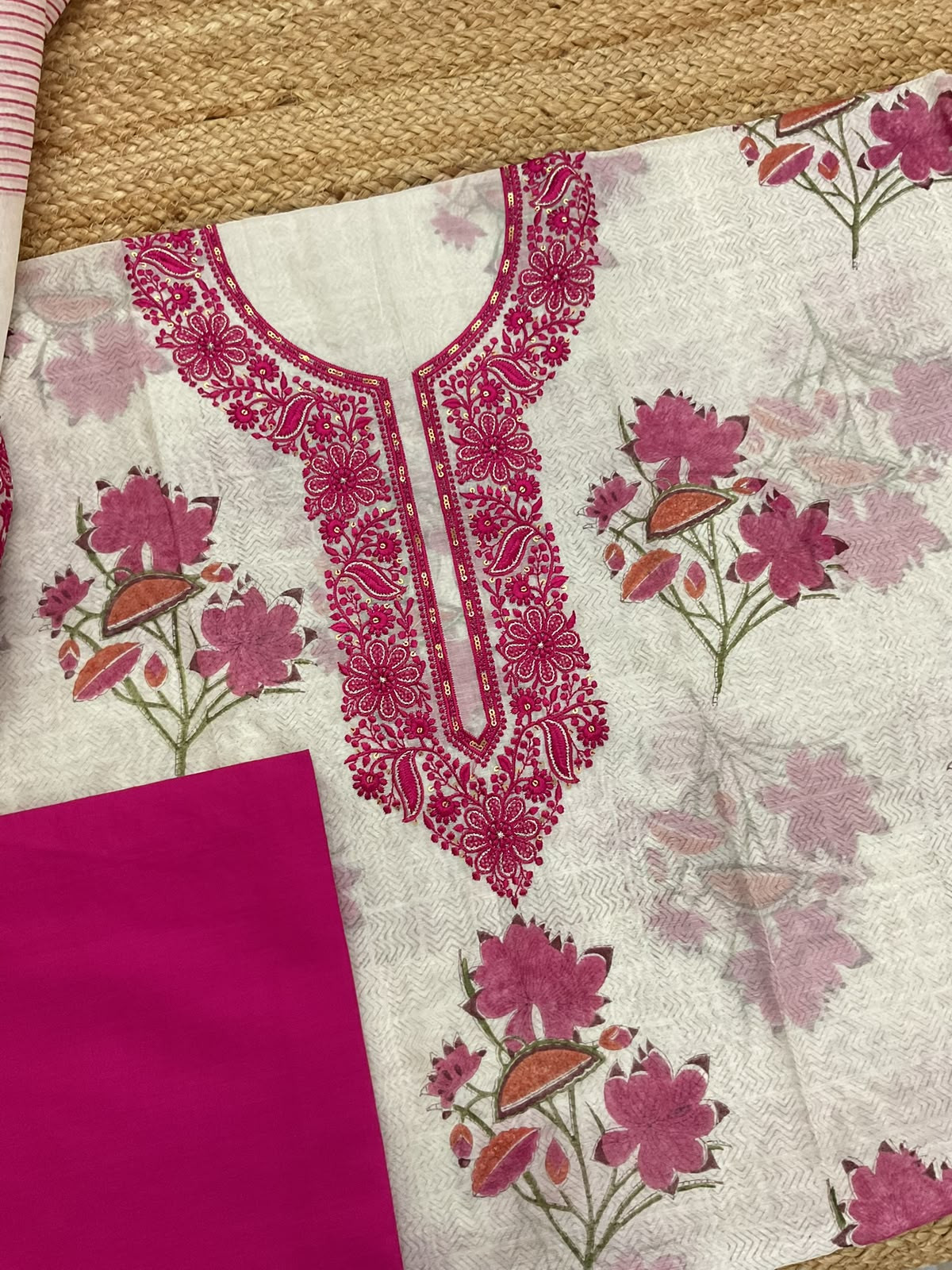 Pure Chanderi Printed Embroidered Suit - Off White