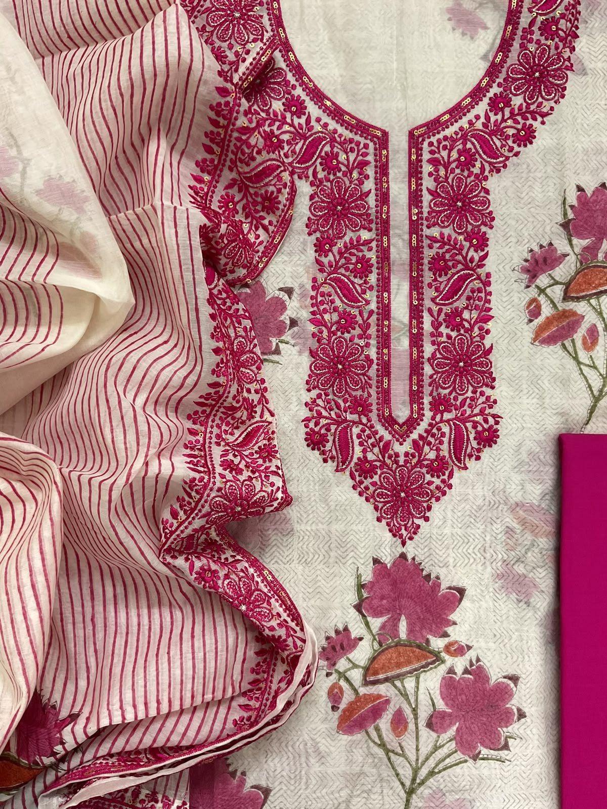 Pure Chanderi Printed Embroidered Suit - Off White