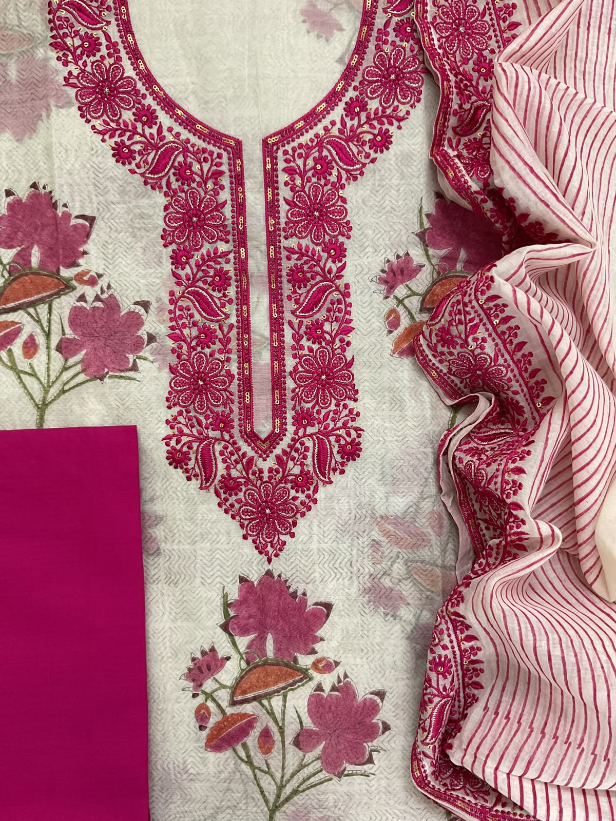 Pure Chanderi Printed Embroidered Suit - Off White