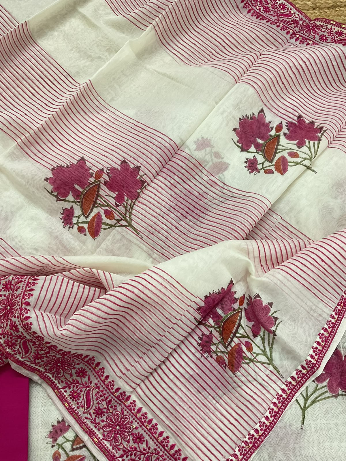 Pure Chanderi Printed Embroidered Suit - Off White