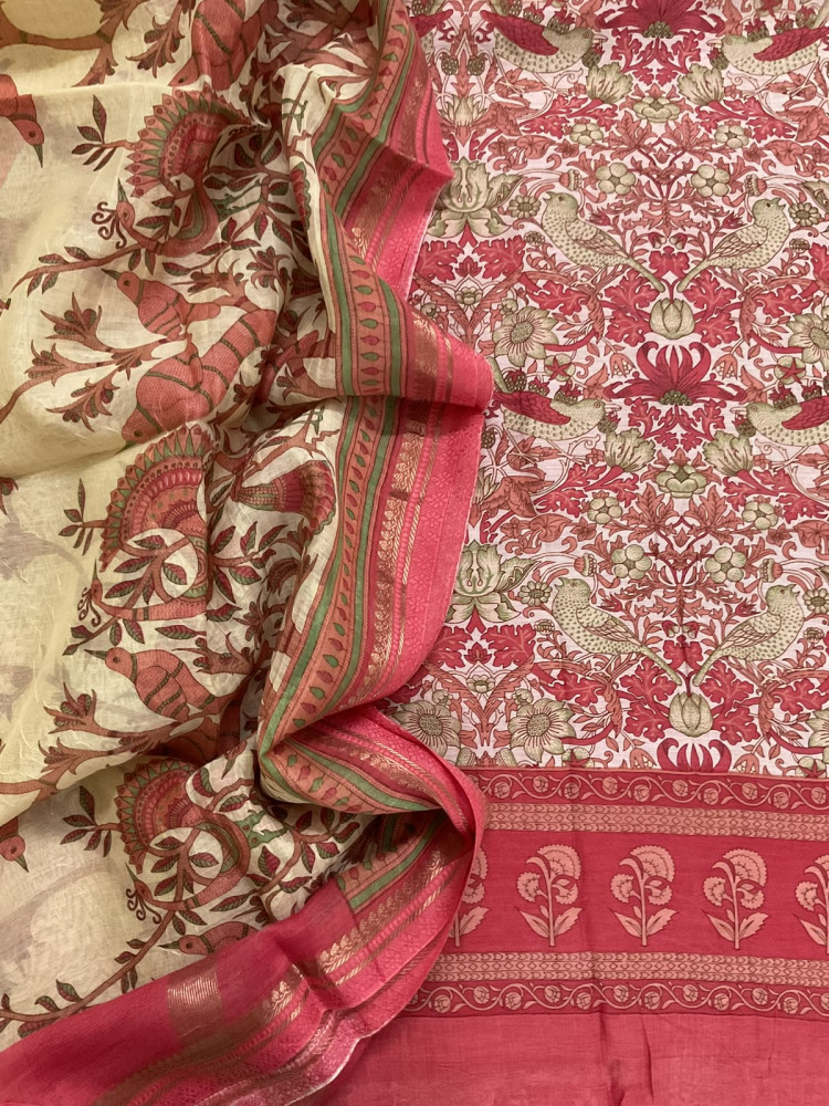 Image of Pure Mul Chanderi Printed Suit - Pink