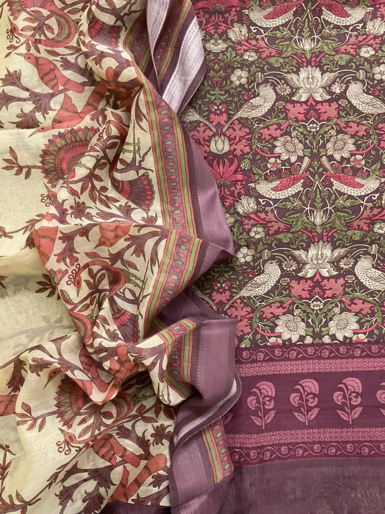Image of Pure Mul Chanderi Printed Suit - Mauve