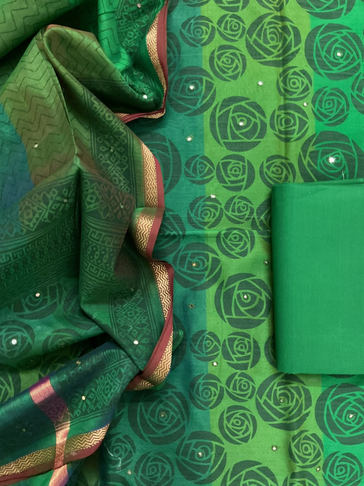 Image of Pure Maheshwari Self Weaved Embroidered Suit - Green