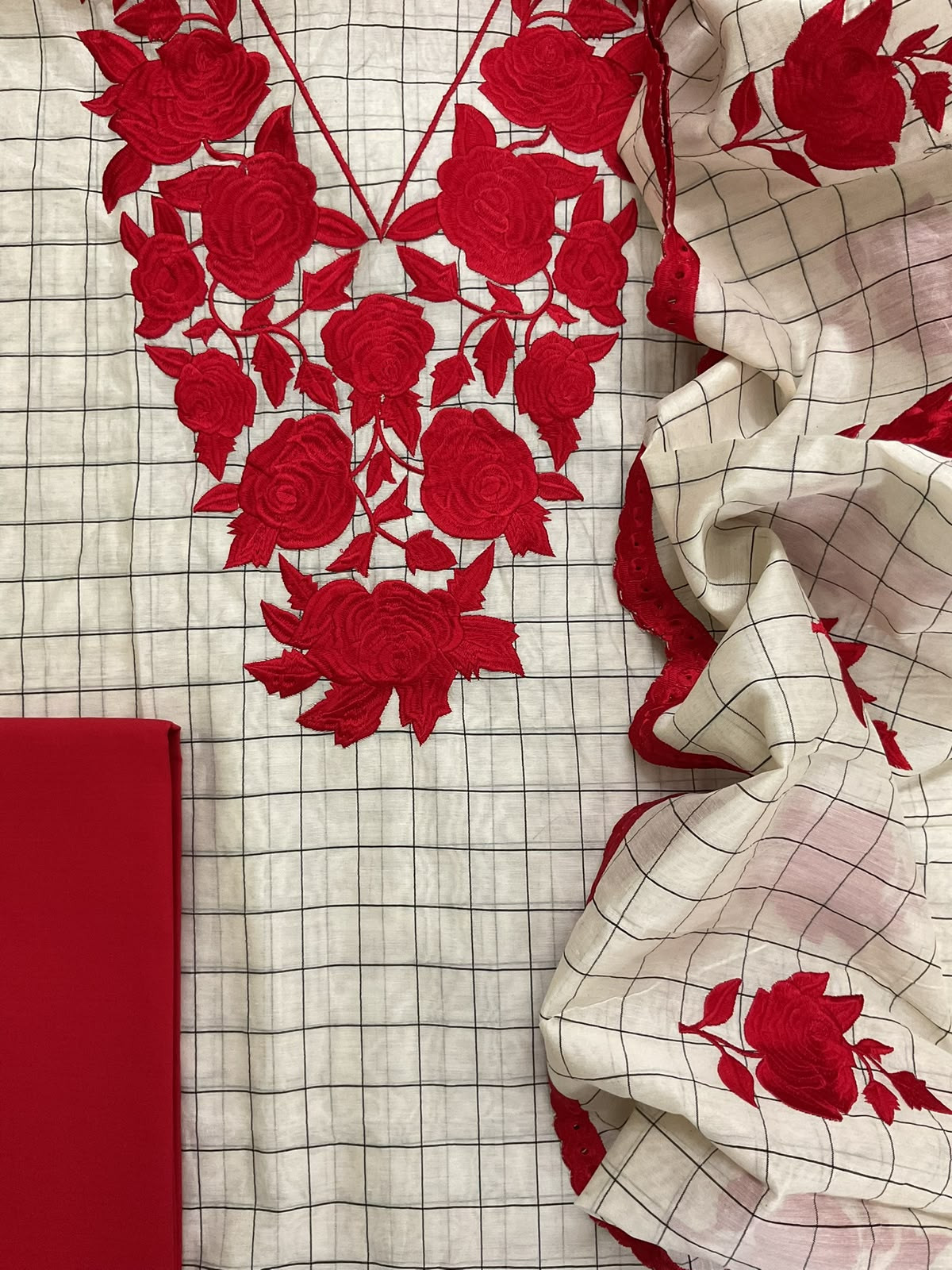 Pure Handloom Maheshwari Self Weaved Embroidered Suit - Off White