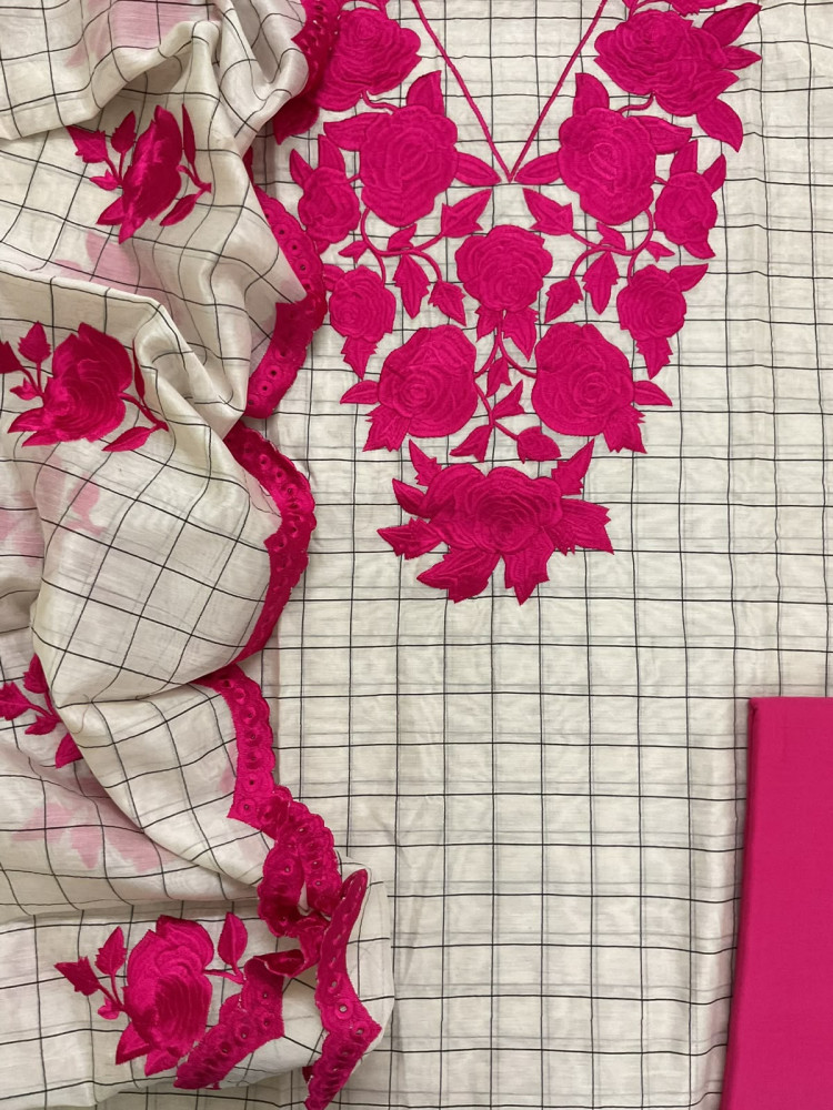 Image of Pure Handloom Maheshwari Self Weaved Embroidered Suit - Off White