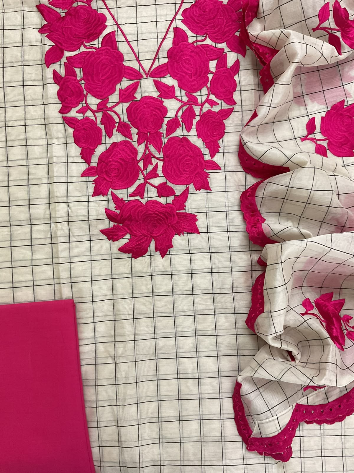 Pure Handloom Maheshwari Self Weaved Embroidered Suit - Off White