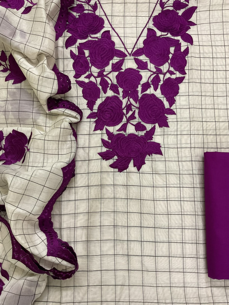 Image of Pure Handloom Maheshwari Self Weaved Embroidered Suit - Off White