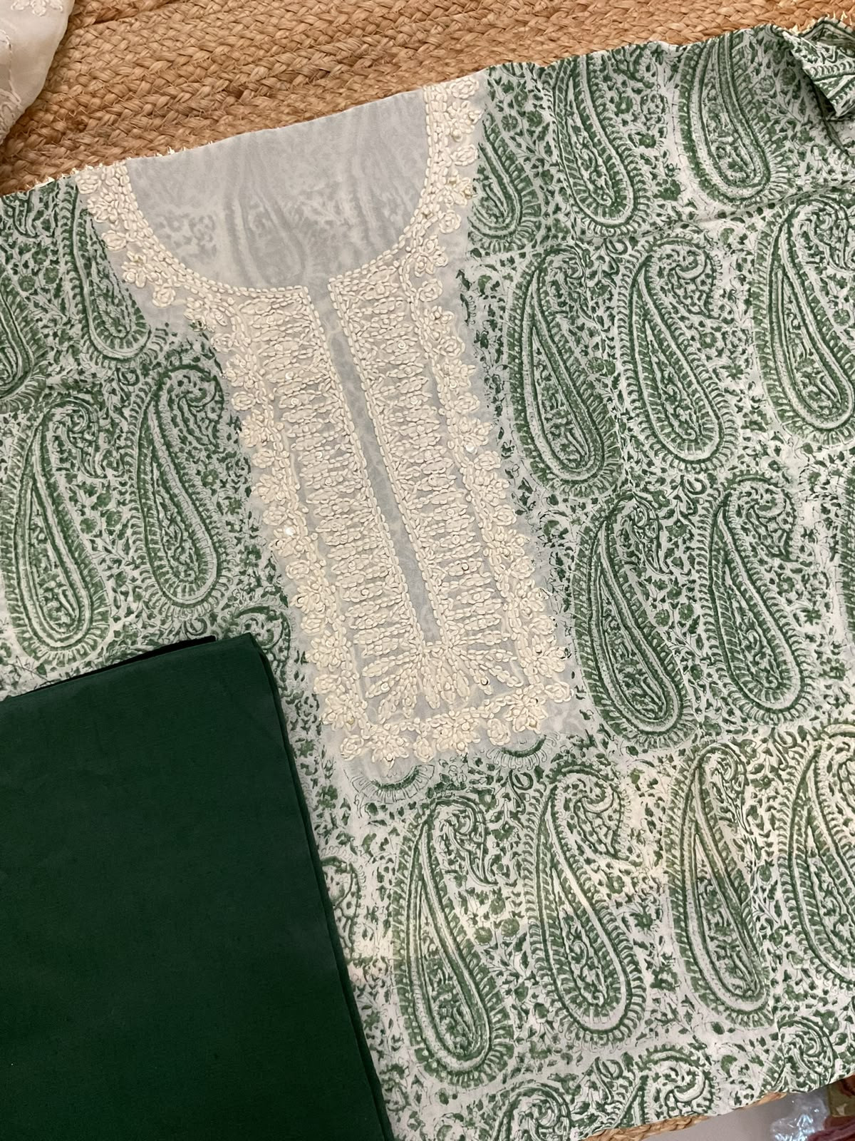 Pure Georgette Block Printed Embroidered Suit - Green
