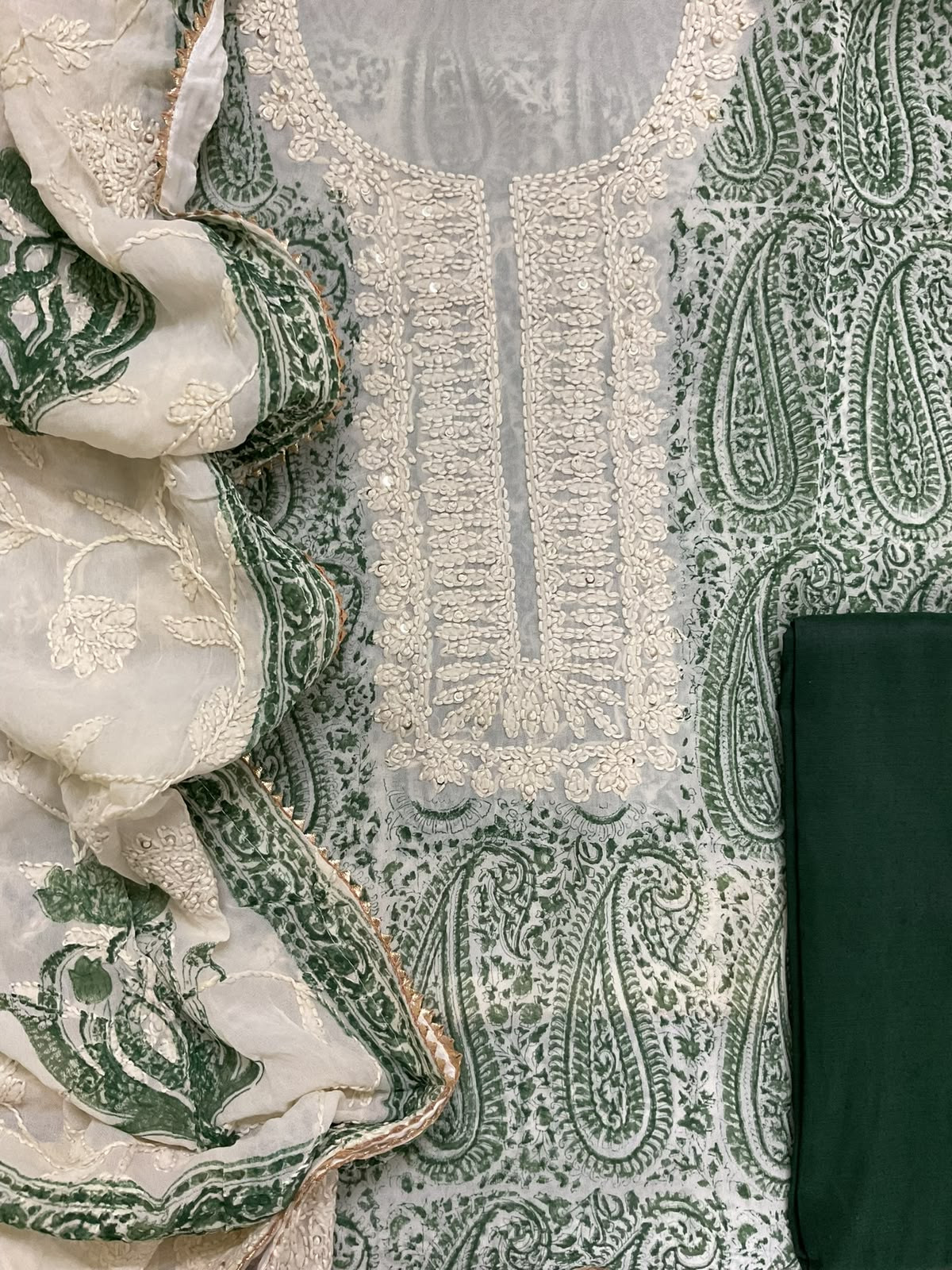 Pure Georgette Block Printed Embroidered Suit - Green