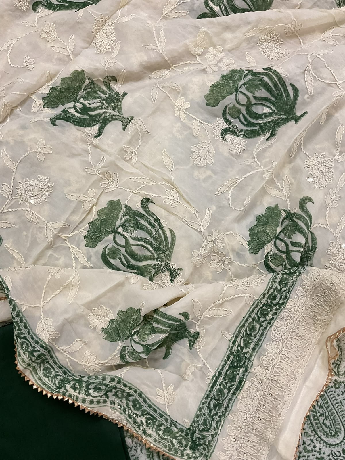 Pure Georgette Block Printed Embroidered Suit - Green