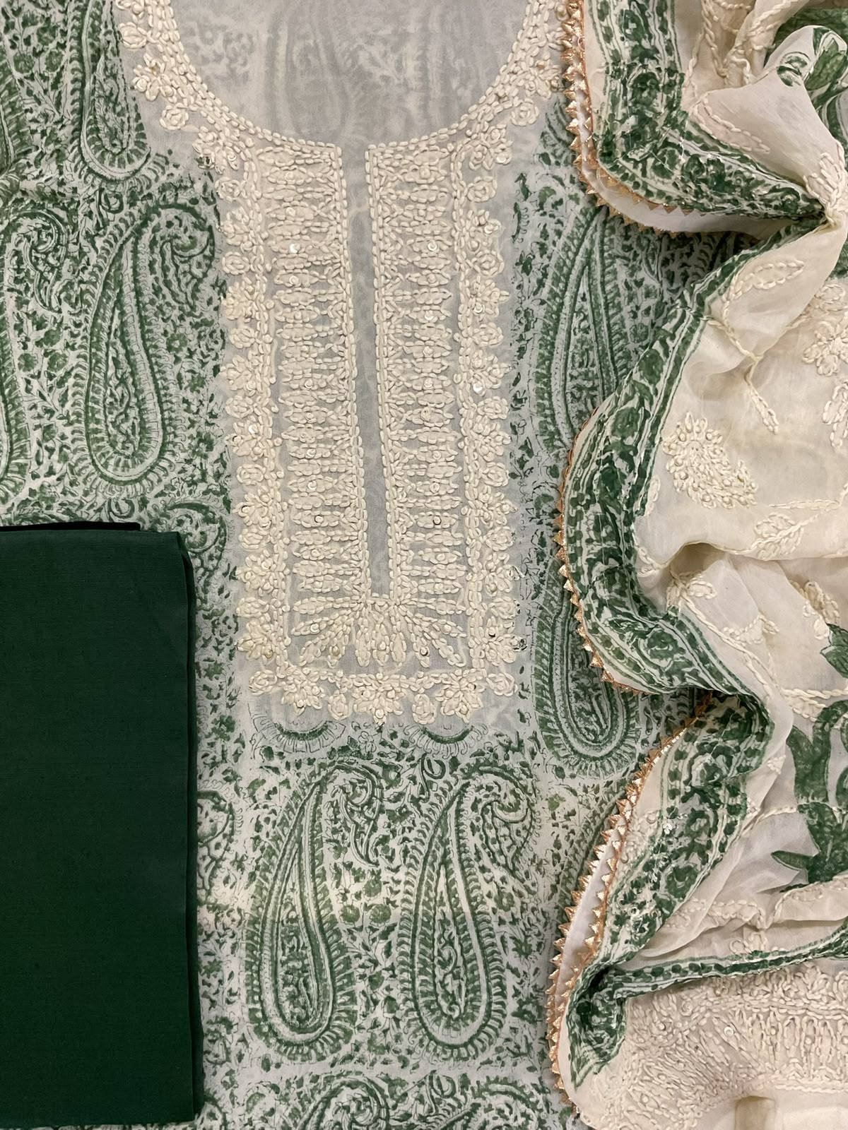 Pure Georgette Block Printed Embroidered Suit - Green