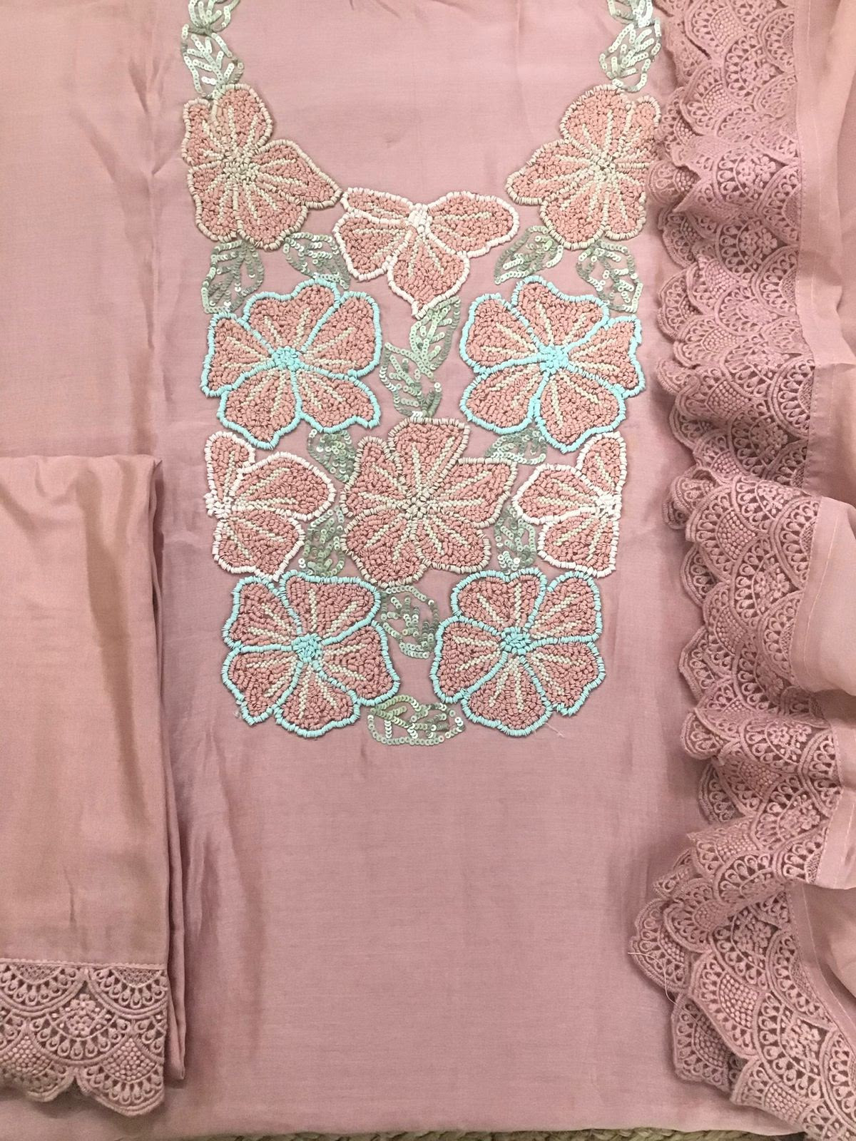 Pure Fine Chanderi Embroidered Suit - Pink