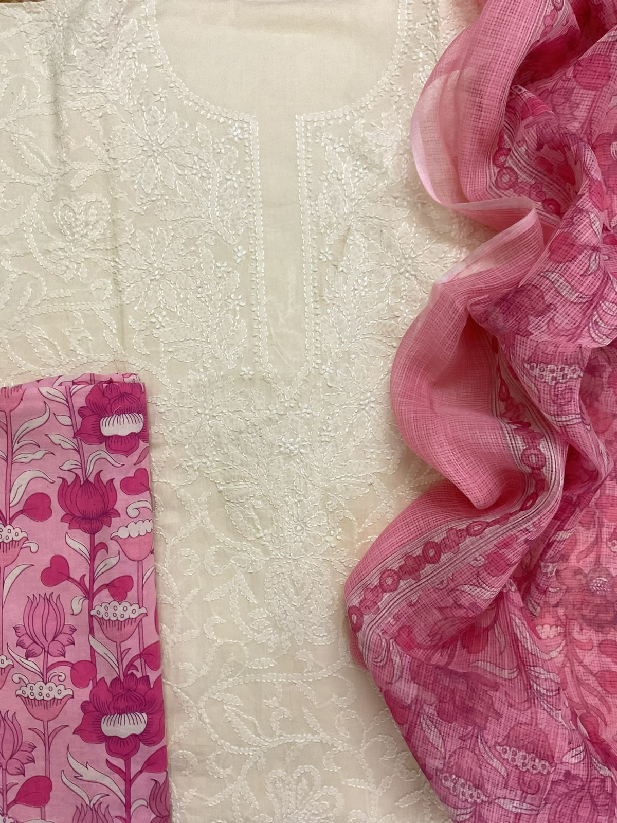 Pure Mul Cotton Printed Embroidered Suit - Cream