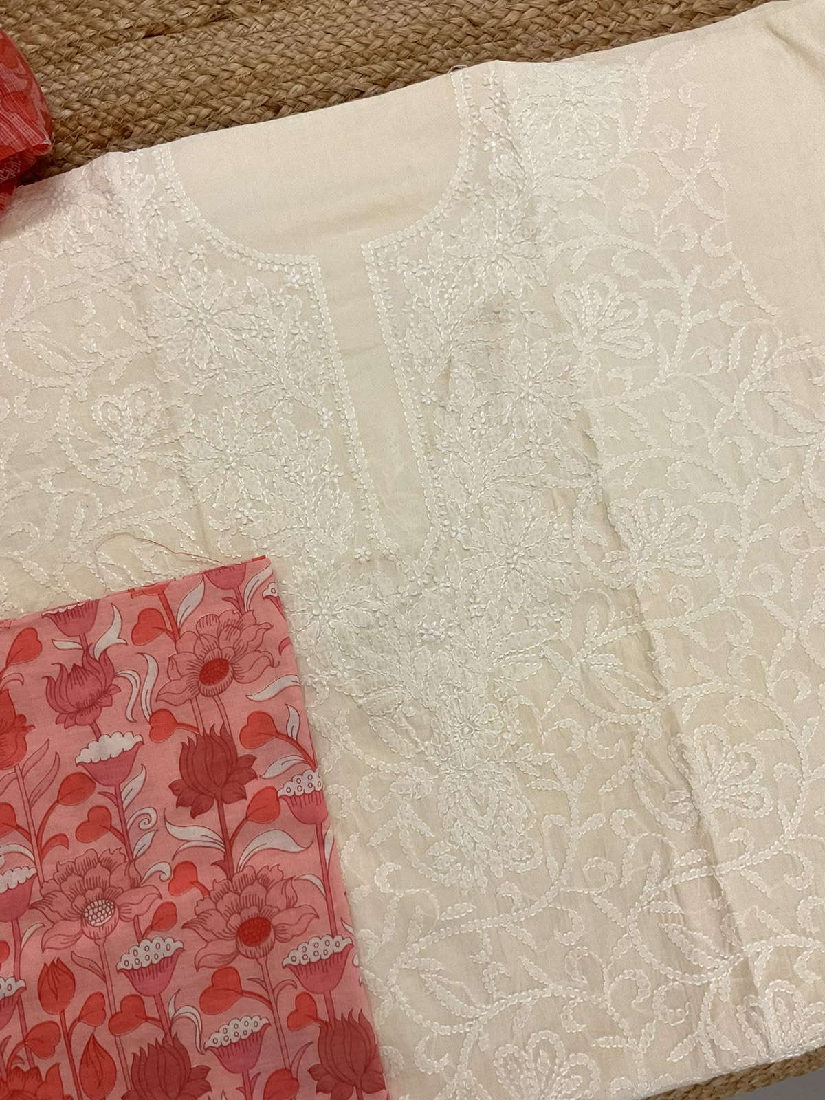 Pure Mul Cotton Printed Embroidered Suit - Cream