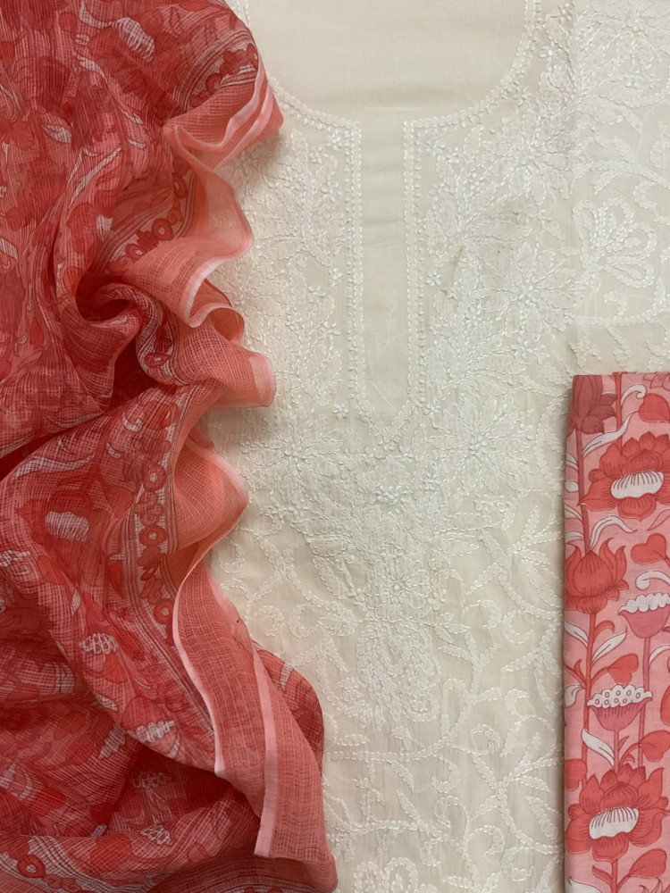 Image of Pure Mul Cotton Printed Embroidered Suit - Cream
