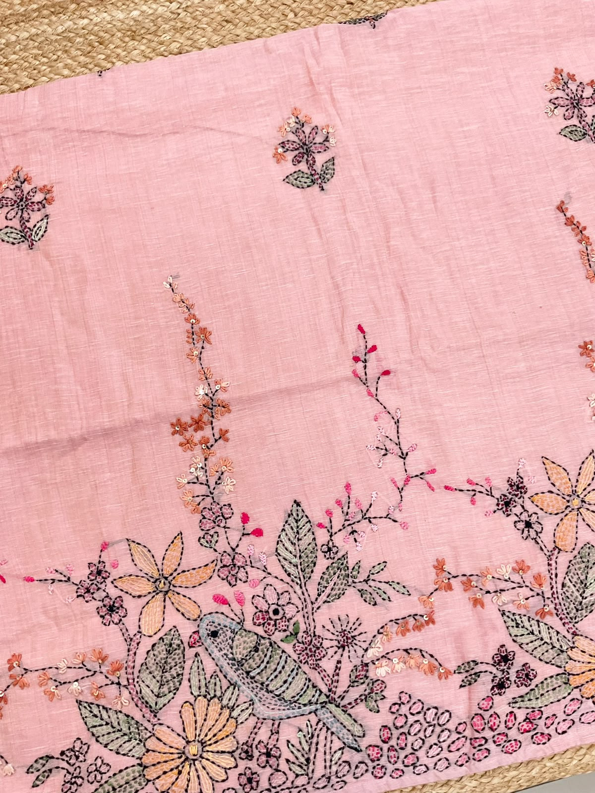 Pure Linen Slub Cotton Kantha Work Suit - Pink