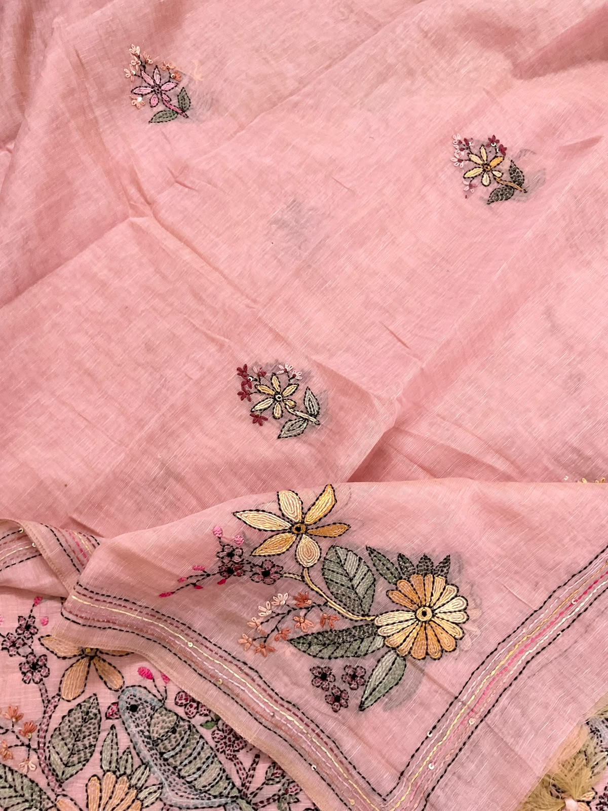 Pure Linen Slub Cotton Kantha Work Suit - Pink