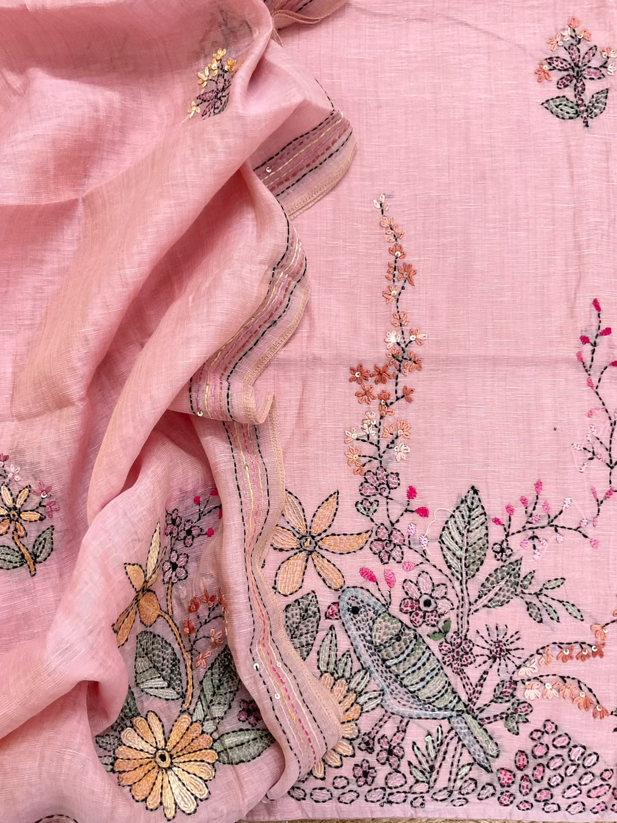 Pure Linen Slub Cotton Kantha Work Suit - Pink