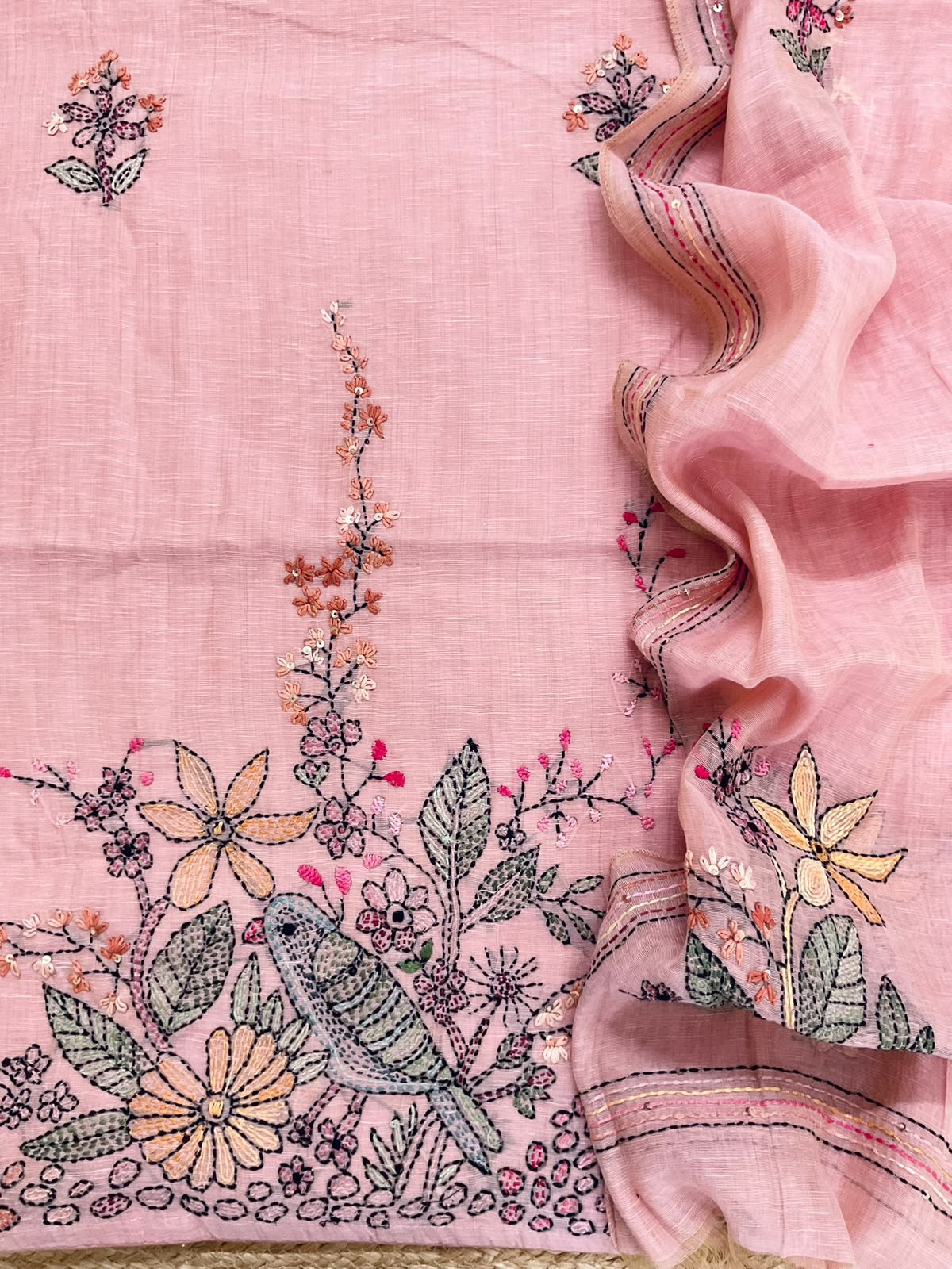 Pure Linen Slub Cotton Kantha Work Suit - Pink