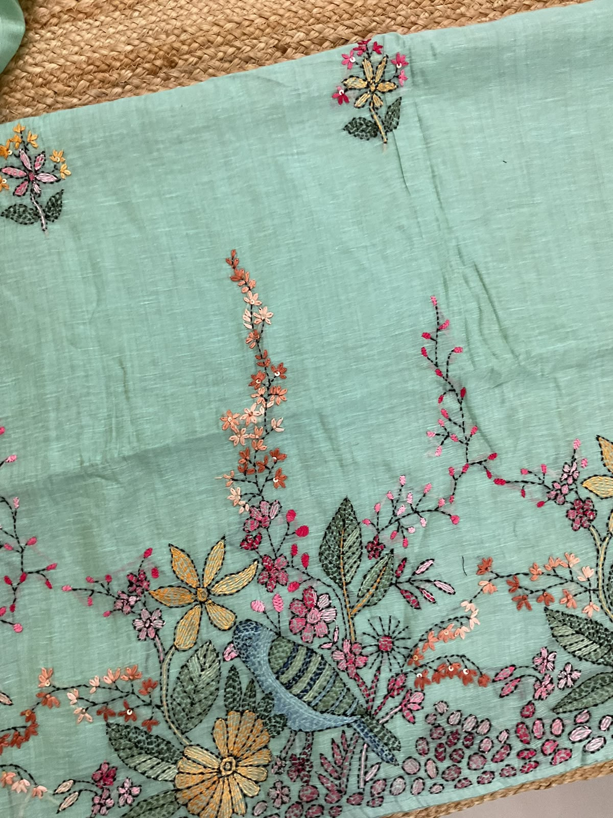 Pure Linen Slub Cotton Kantha Work Suit - Blue
