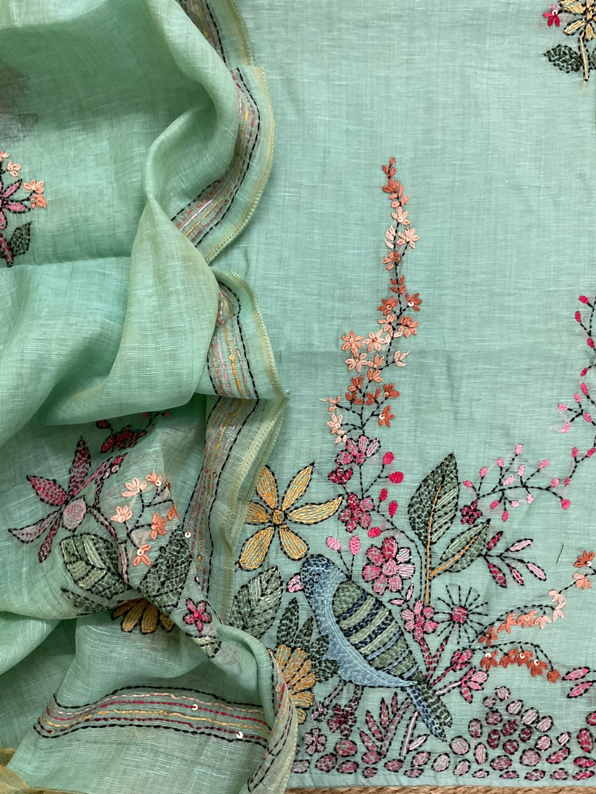 Pure Linen Slub Cotton Kantha Work Suit - Blue