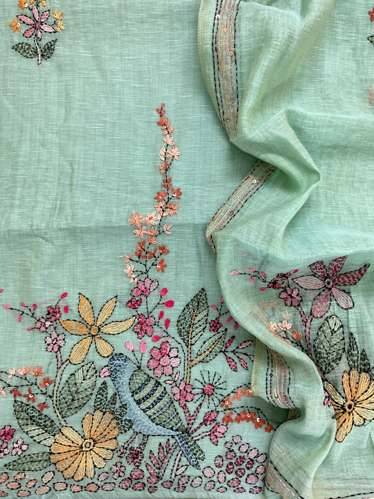 Pure Linen Slub Cotton Kantha Work Suit - Blue