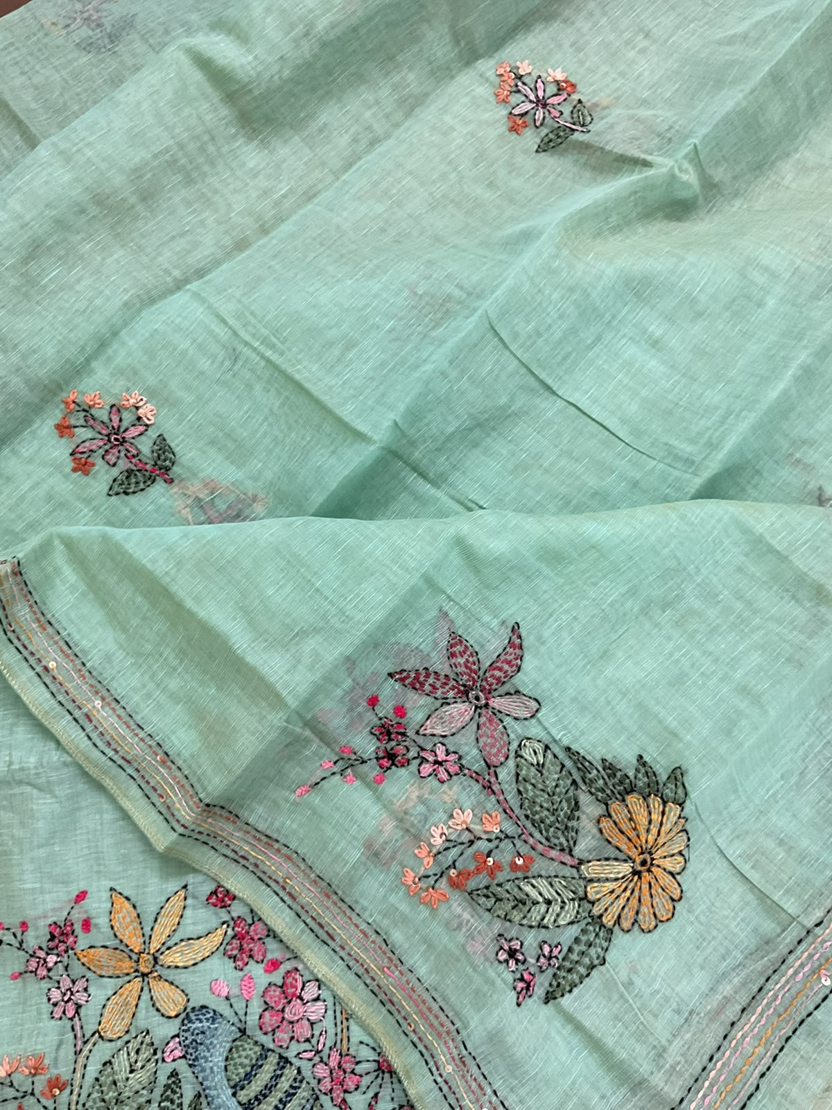 Pure Linen Slub Cotton Kantha Work Suit - Blue