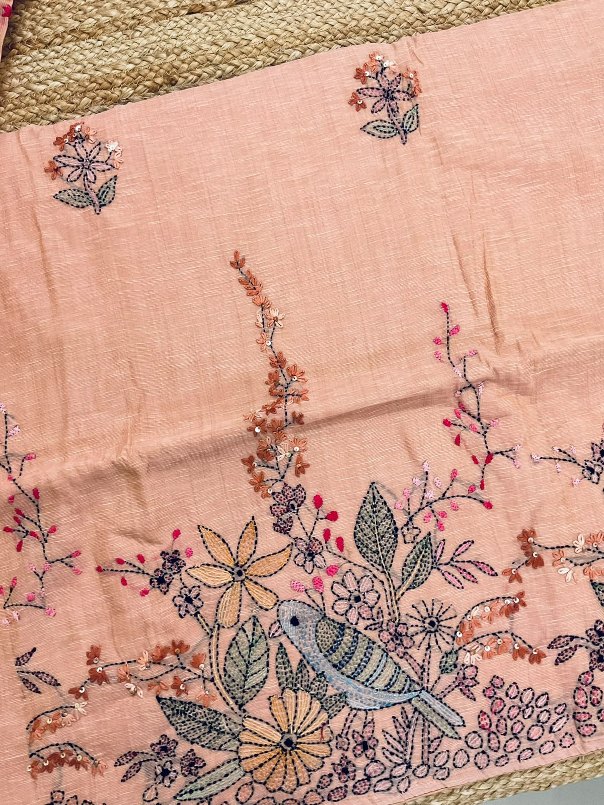 Pure Linen Slub Cotton Kantha Work Suit - Peach