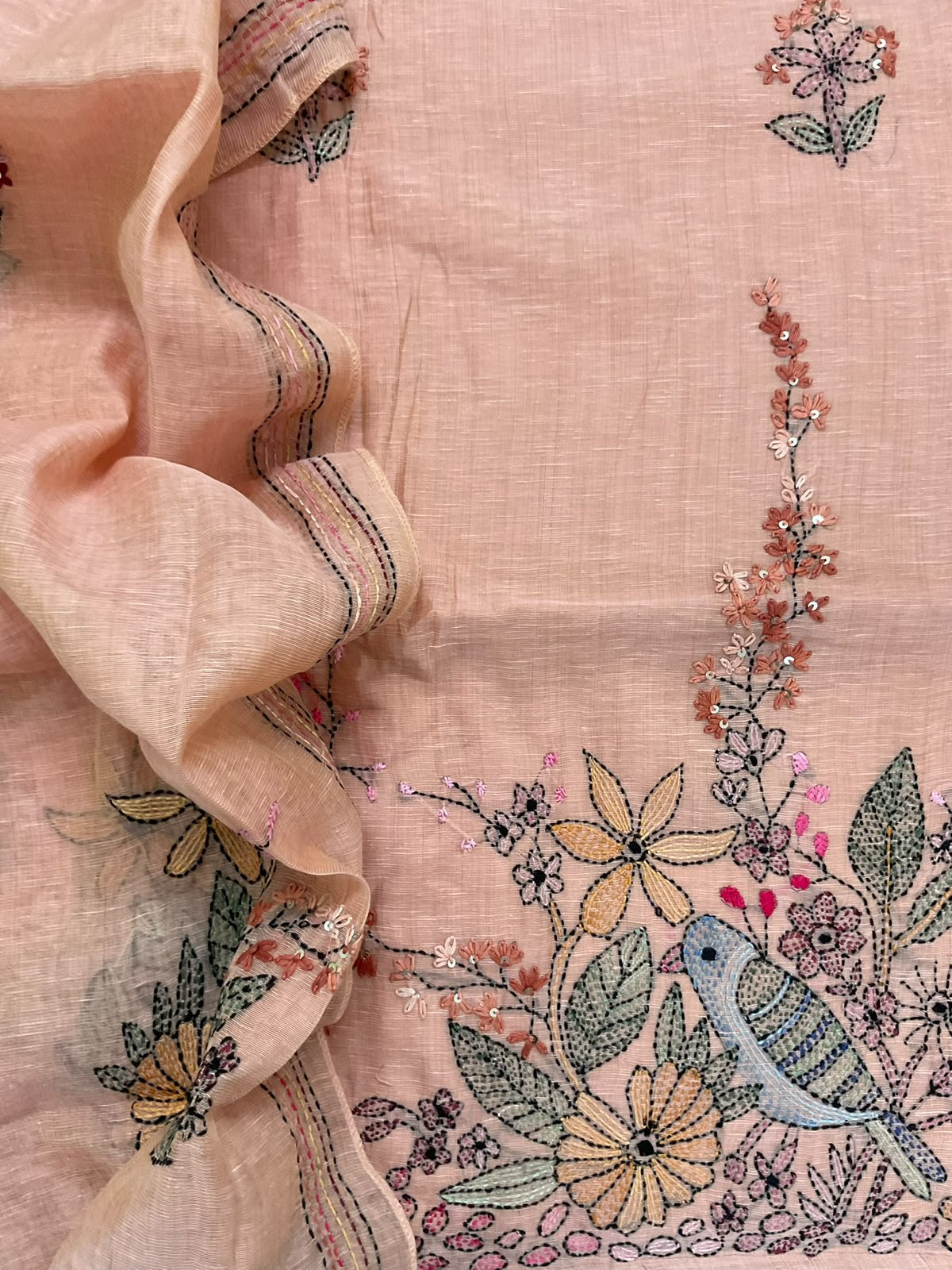 Pure Linen Slub Cotton Kantha Work Suit - Peach