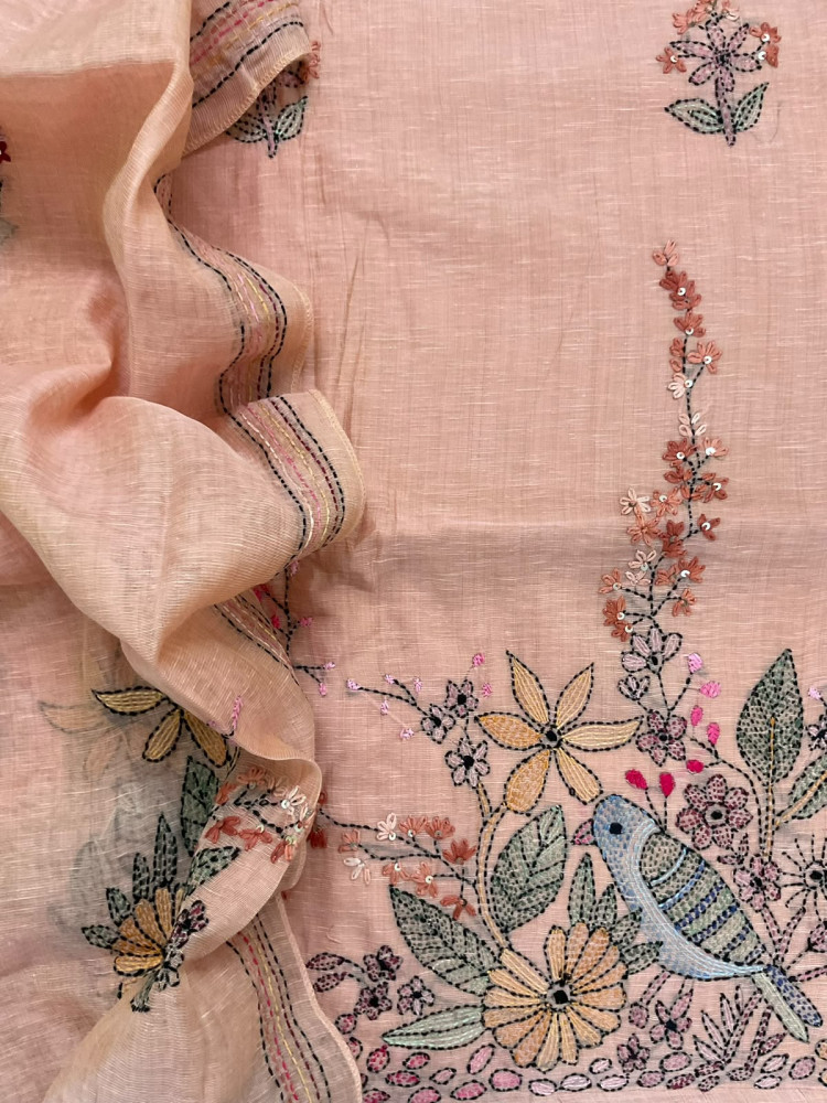 Image of Pure Linen Slub Cotton Kantha Work Suit - Peach