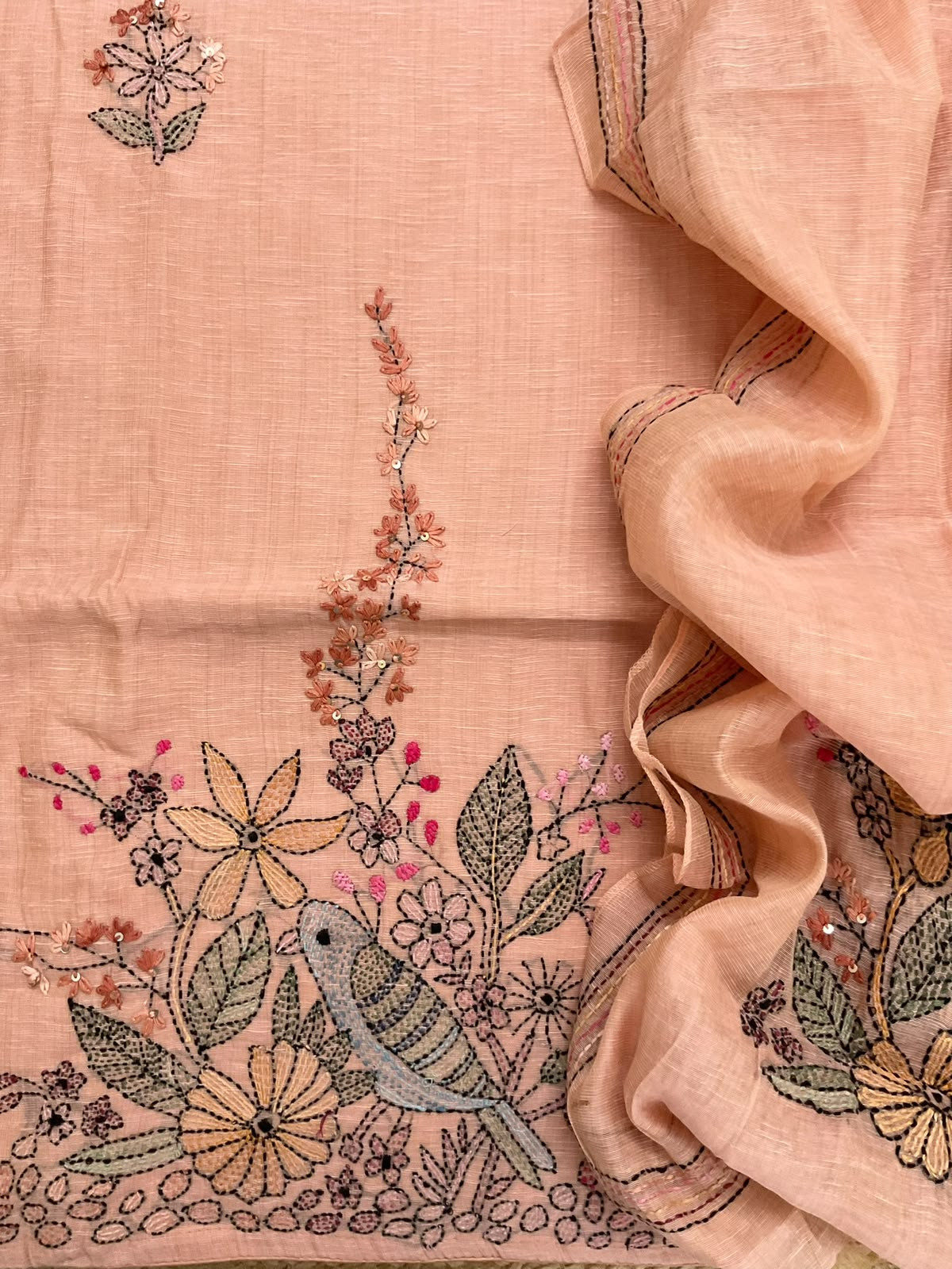 Pure Linen Slub Cotton Kantha Work Suit - Peach