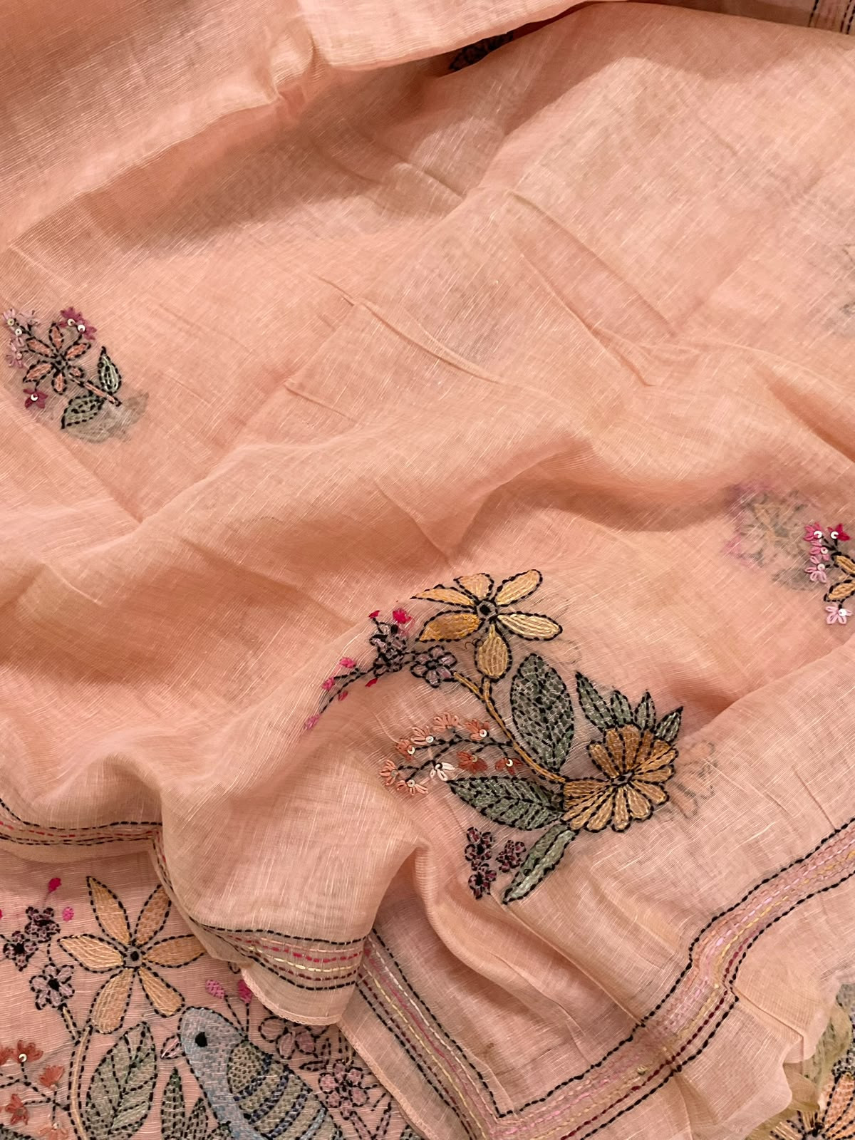 Pure Linen Slub Cotton Kantha Work Suit - Peach