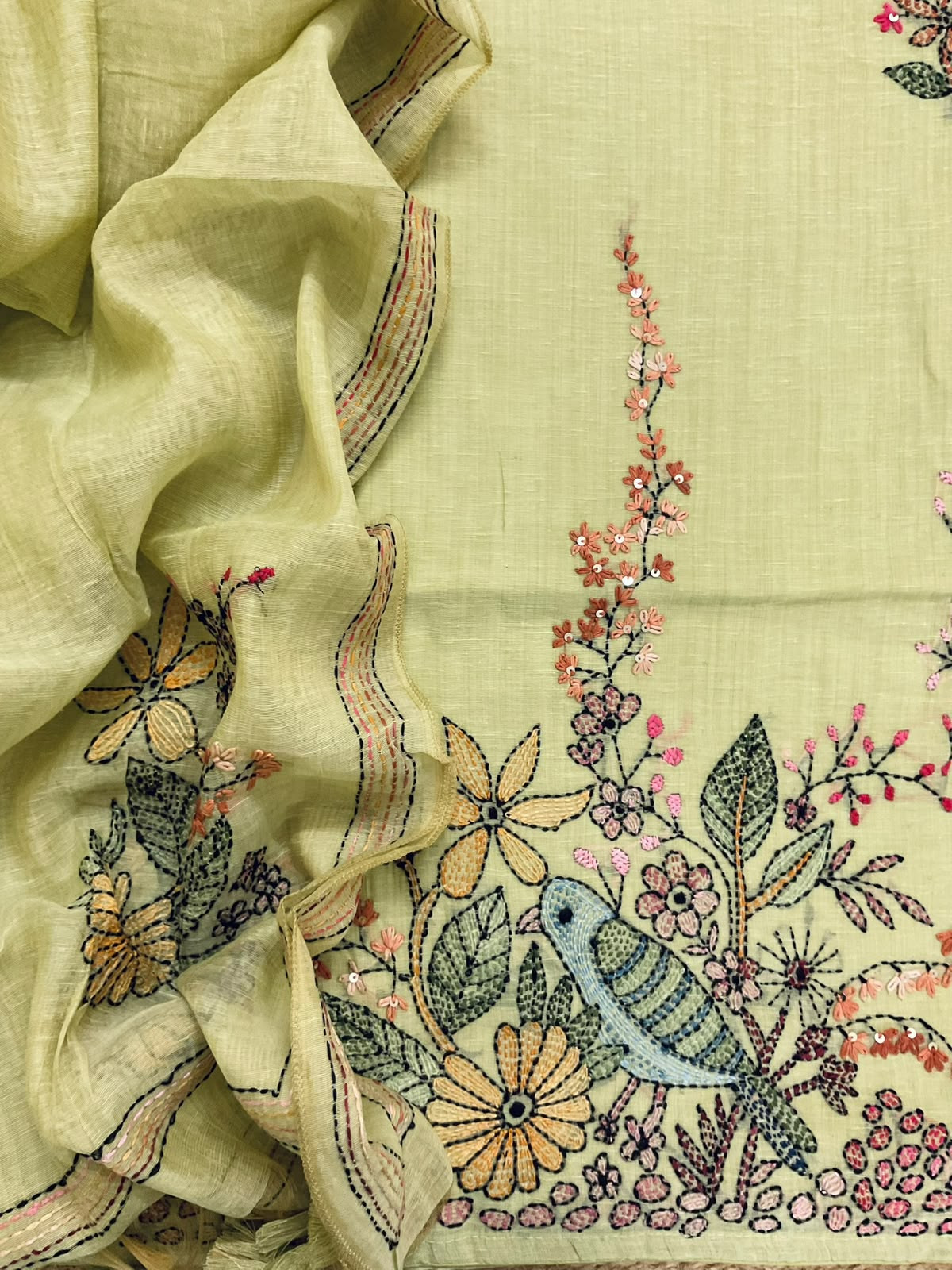 Pure Linen Slub Cotton Kantha Work Suit - Green