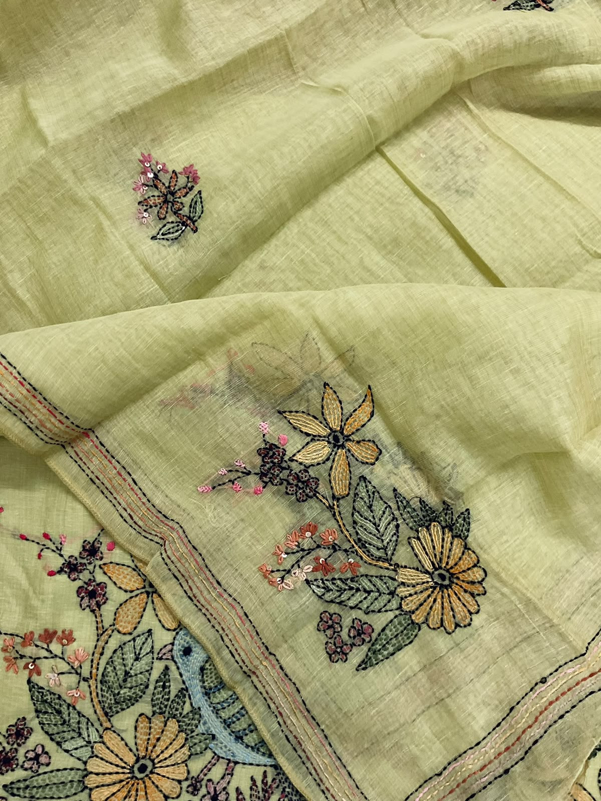 Pure Linen Slub Cotton Kantha Work Suit - Green