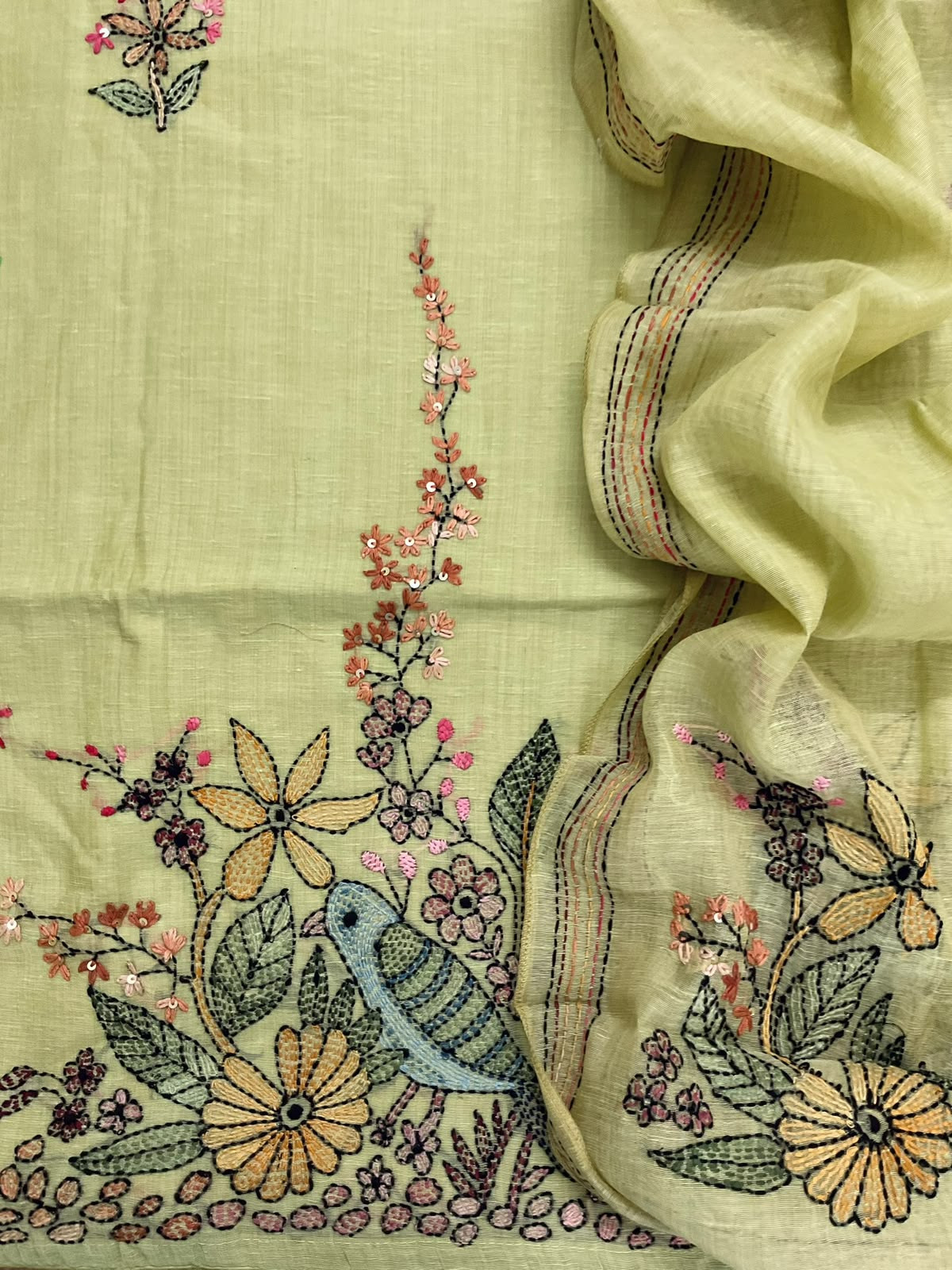 Pure Linen Slub Cotton Kantha Work Suit - Green