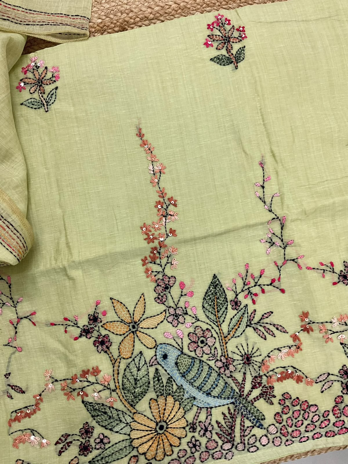 Pure Linen Slub Cotton Kantha Work Suit - Green