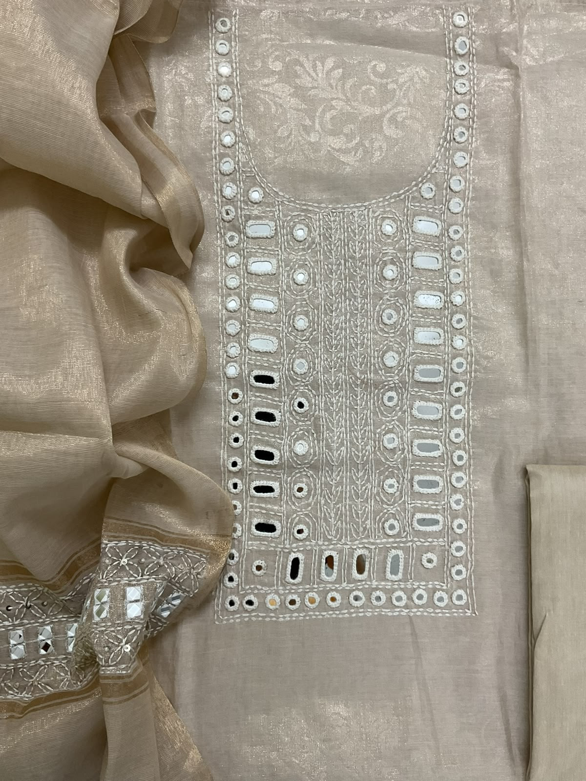 Soft Tissue Silk Self Printed Embroidered Suit - Beige