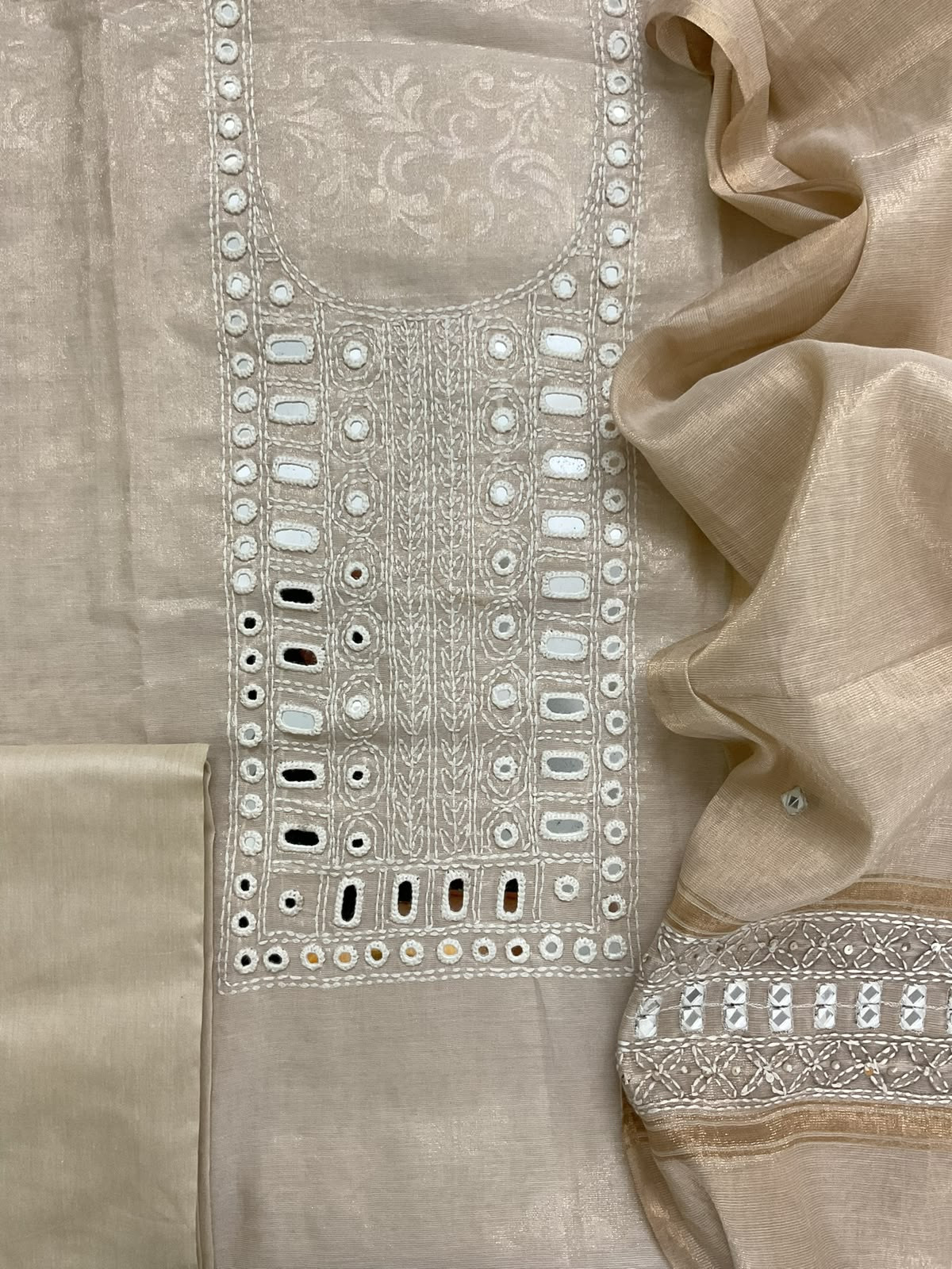 Soft Tissue Silk Self Printed Embroidered Suit - Beige