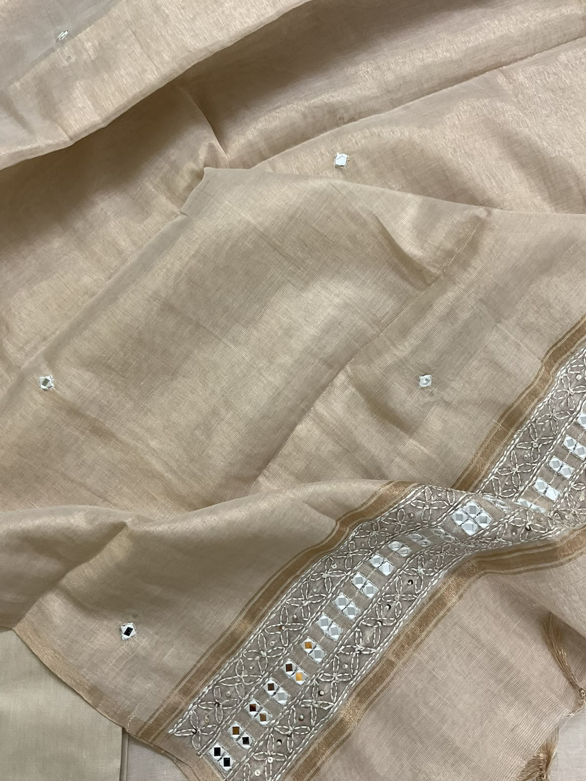 Soft Tissue Silk Self Printed Embroidered Suit - Beige