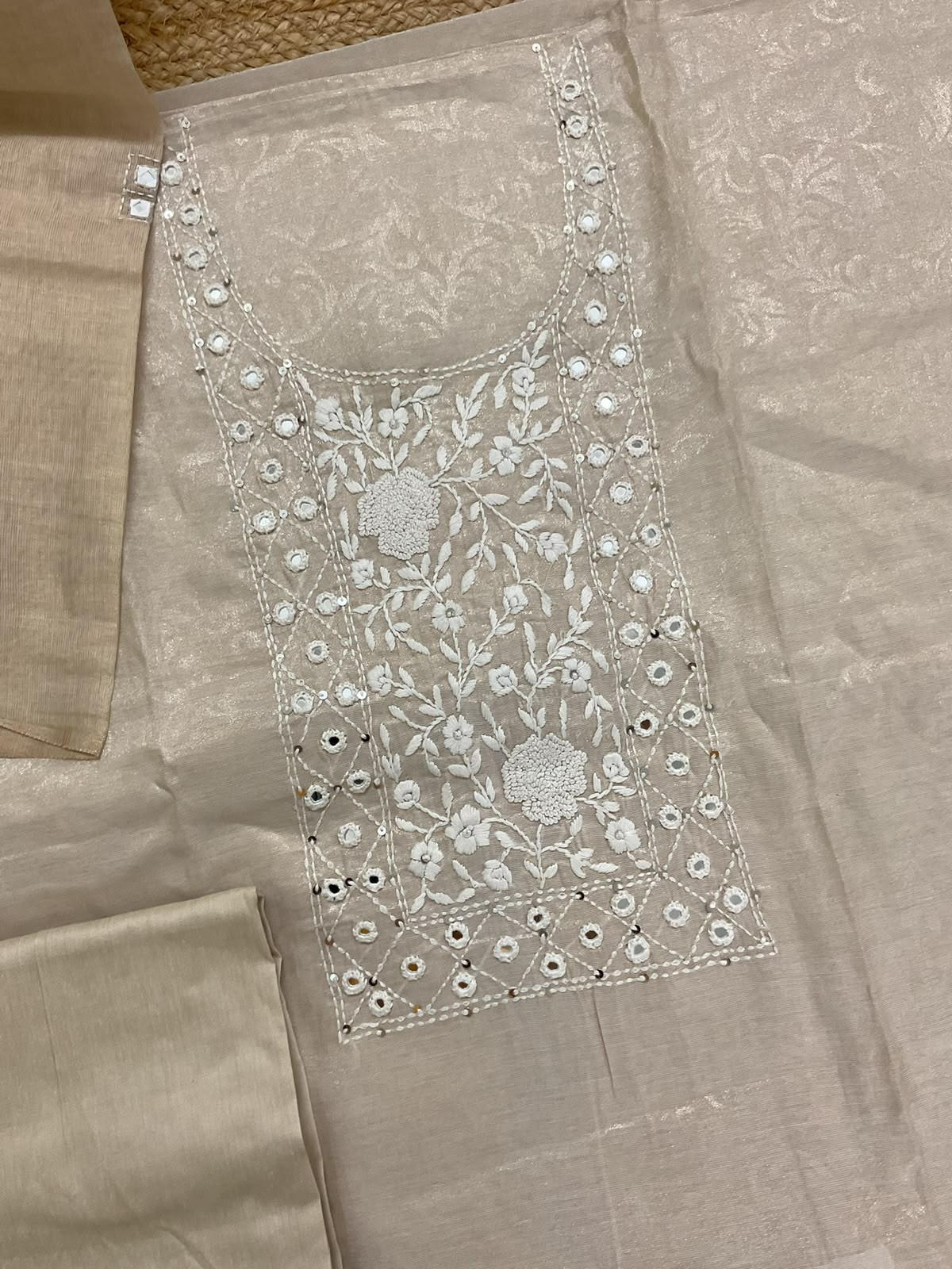 Soft Tissue Silk Self Printed Embroidered Suit - Beige