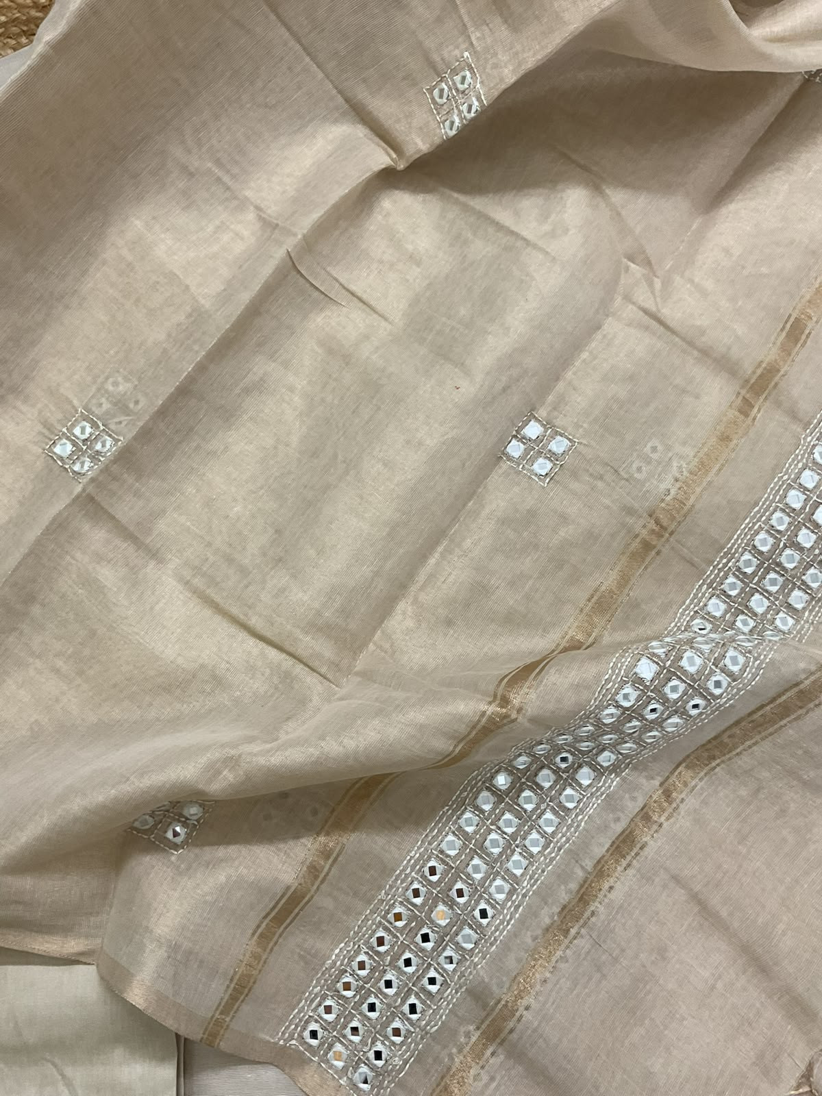 Soft Tissue Silk Self Printed Embroidered Suit - Beige